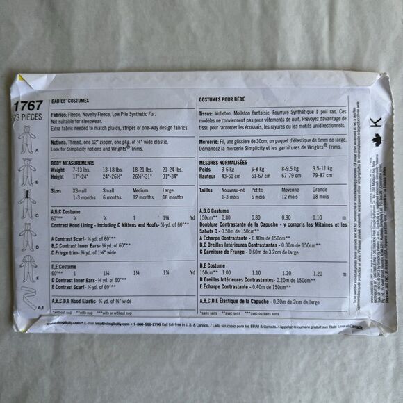 Simplicity 1767 Costume Sewing Pattern Cat Rabbit Zebra Bear Baby Childs XS-L UC - Picture 3 of 4